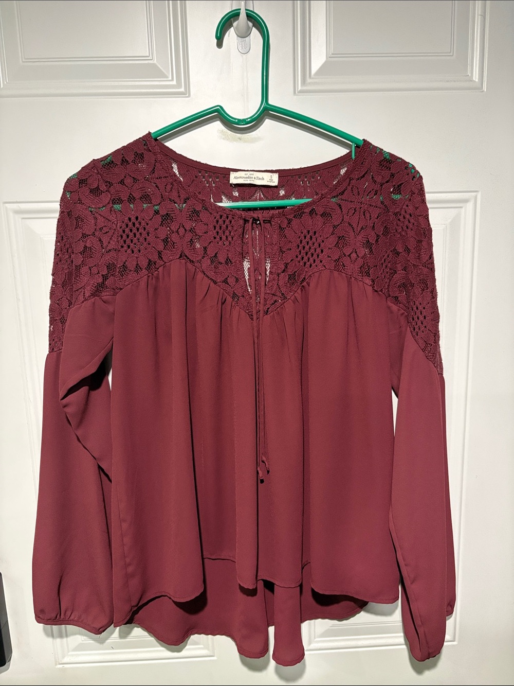 Abercrombie & Fitch Burgundy Crochet Yoke Long-Sleeve Blouse